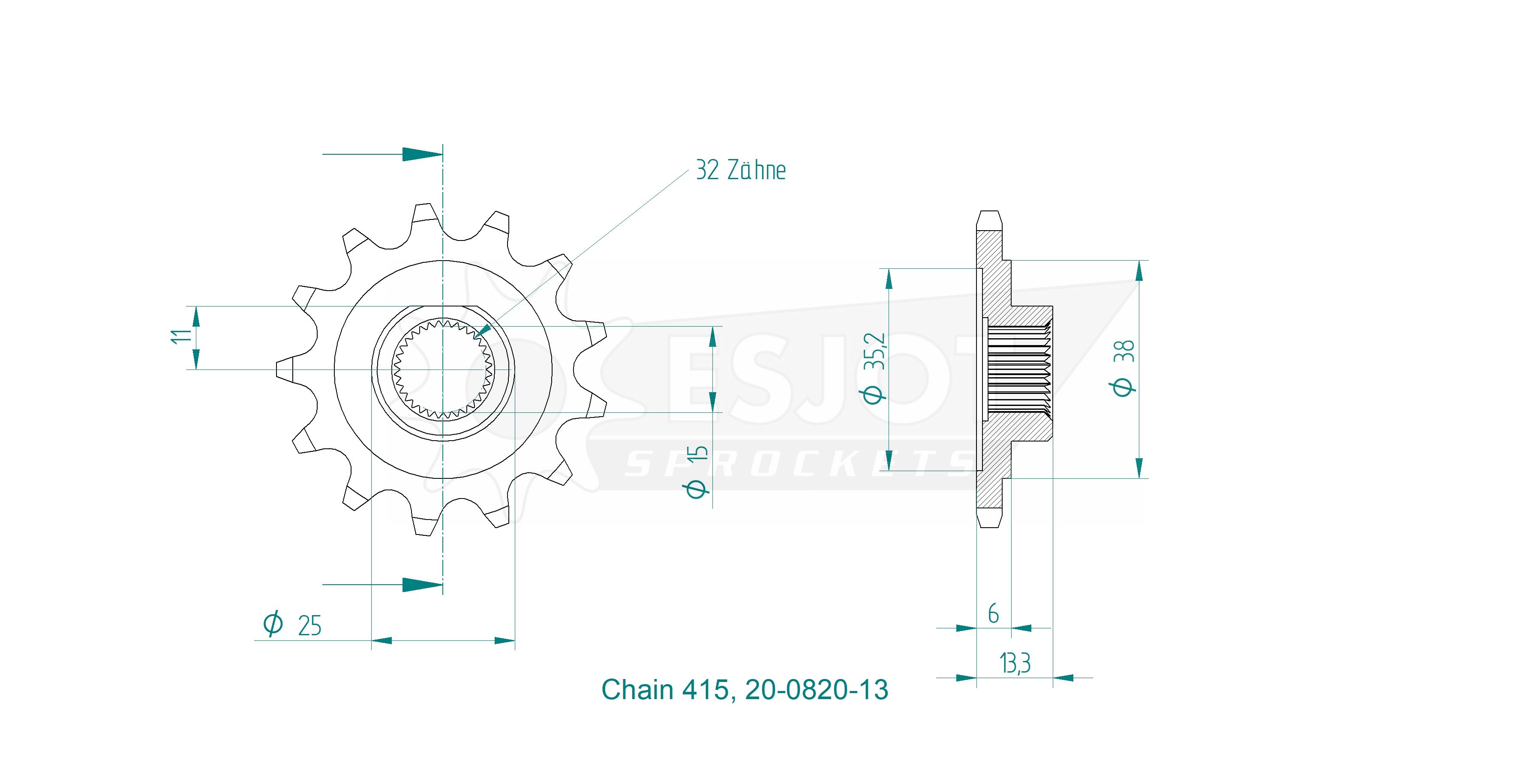 Drev fram Zündapp, stora splines (4 & 5vxl) 13 T. Esjot i högsta kvalité.  Made in Germany - 3