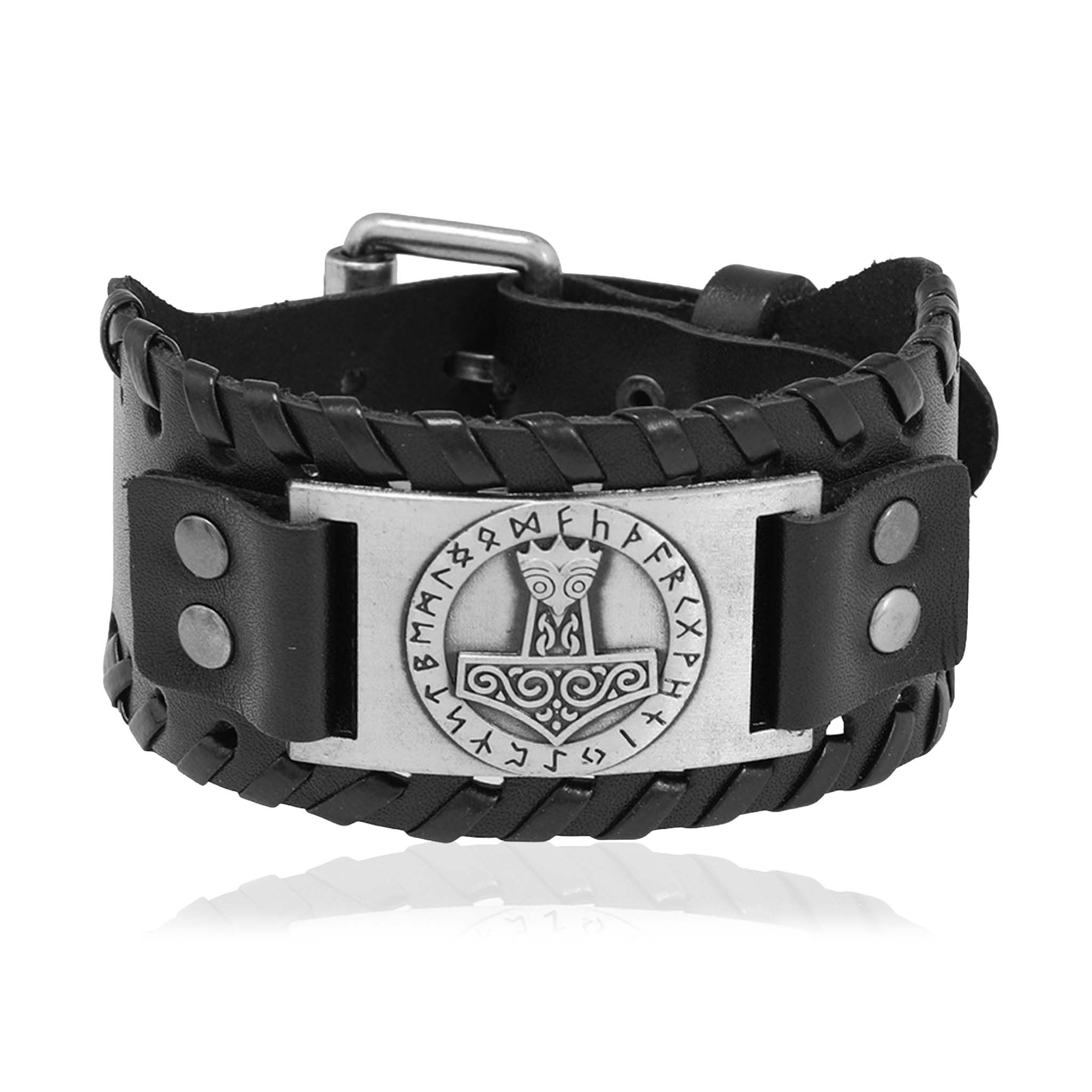 Torshammer armbånd sort læder med futhark-runer