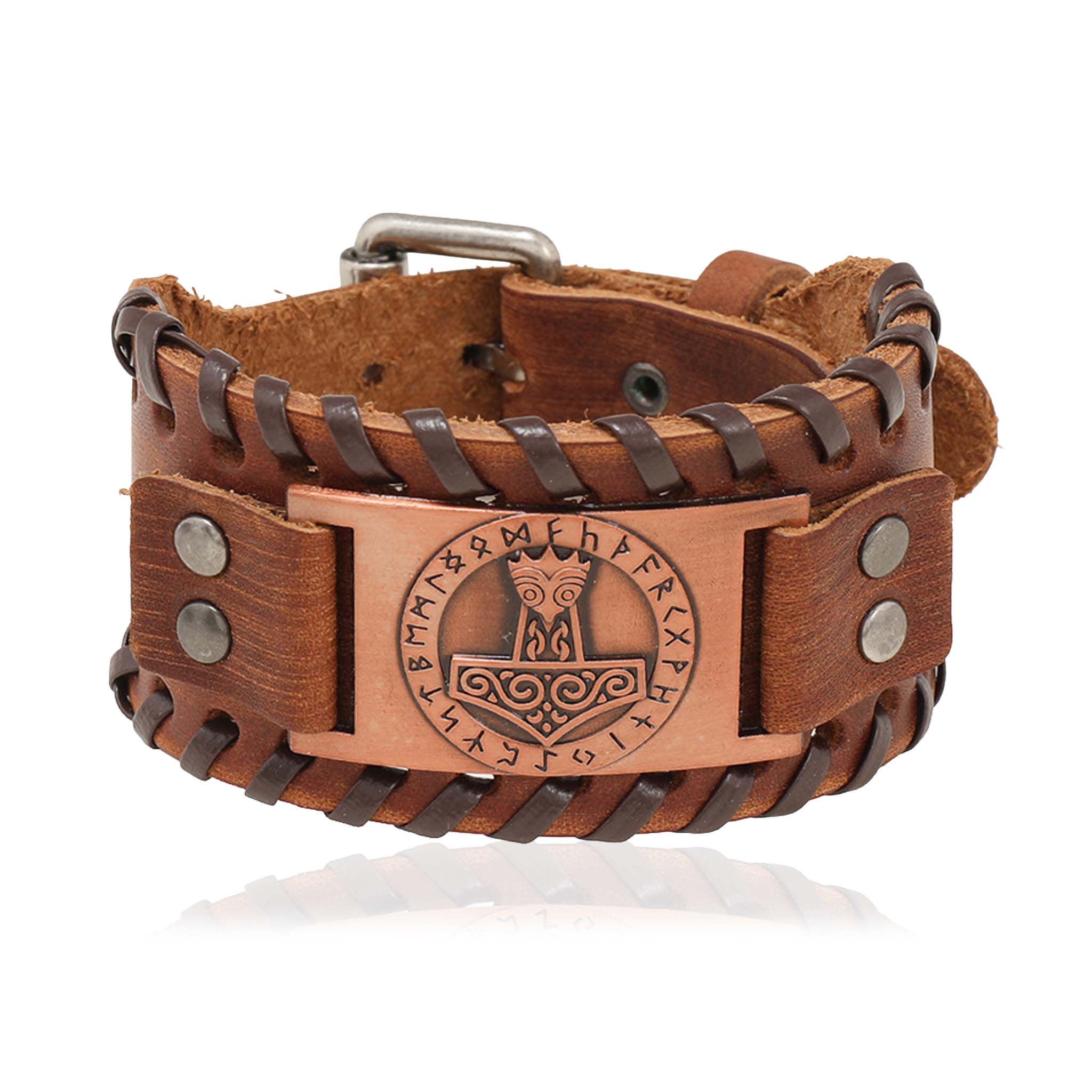 Vikingarmbånd med Tors hammer og runer i læder