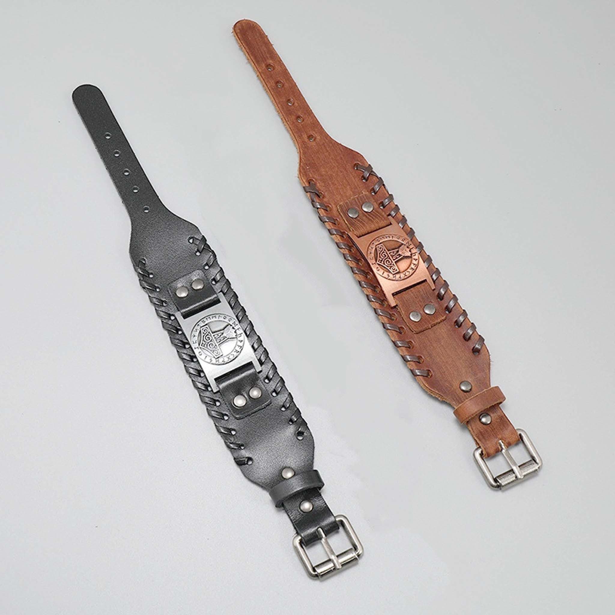 Nordisk læderarmbånd sølv antik bronze kobber