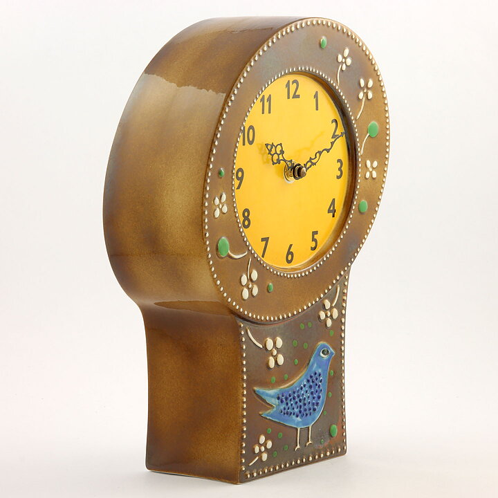 Sylvia Leuchovius (Petra 1950s) Brown Pottery Clock with Bird Decor 28 cm
