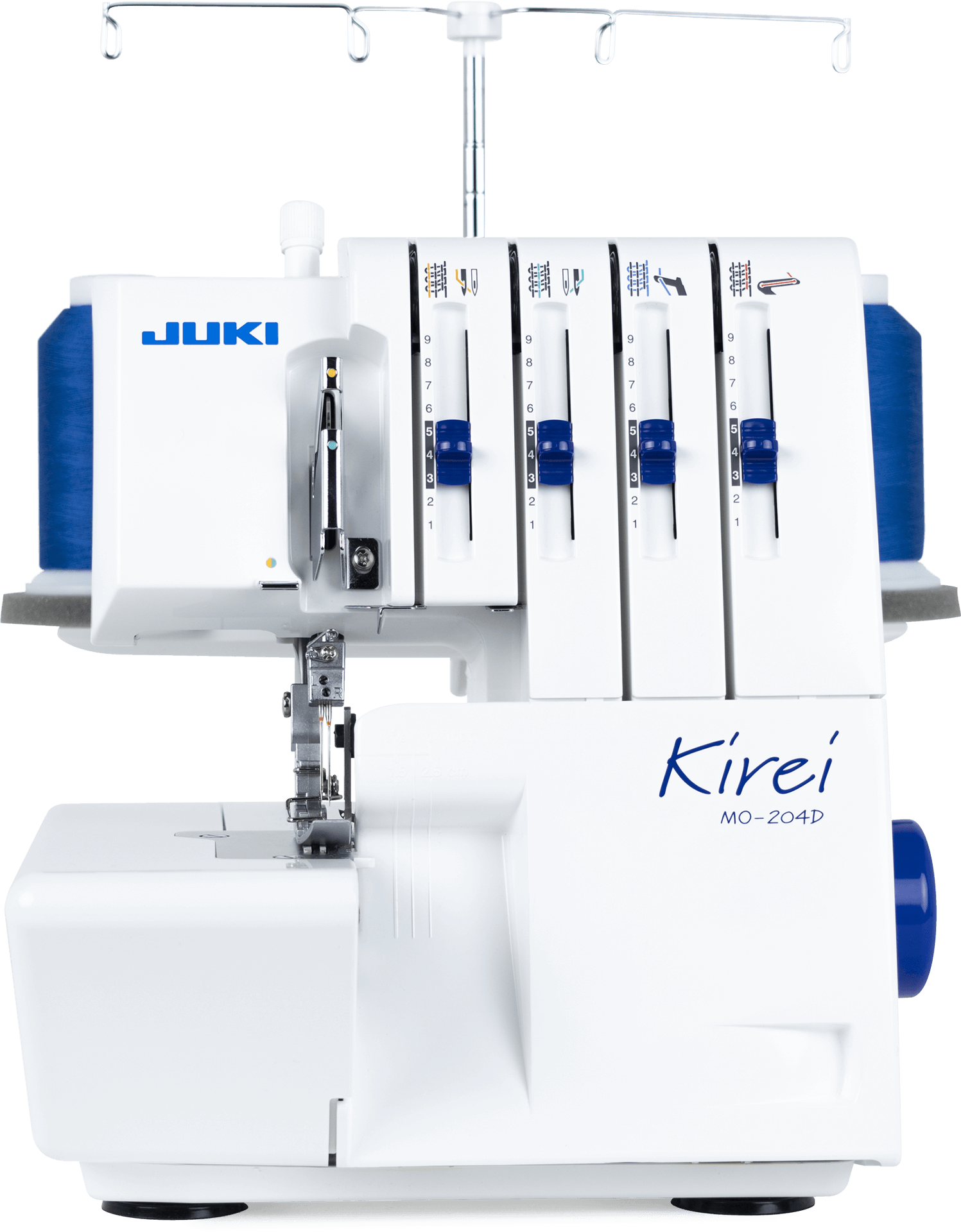 JUKI MO-204D. 2-nål, 2/3/4-trådig overlock.  MO-204D är en uppfräschad version av MO-104D med en ny design, LED-belysning samt att en avfallsamlare och blindsömsfot ingår!