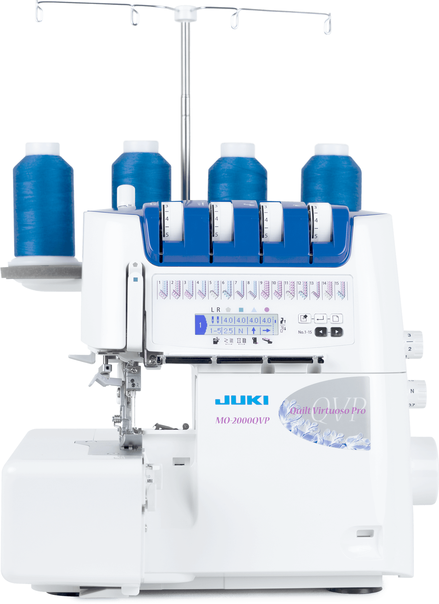 JUKI MO-2000qvp.  Automatisk luftpåträdning,  automatisk nålpåträdare, ljudreducering & LCD-skärm!