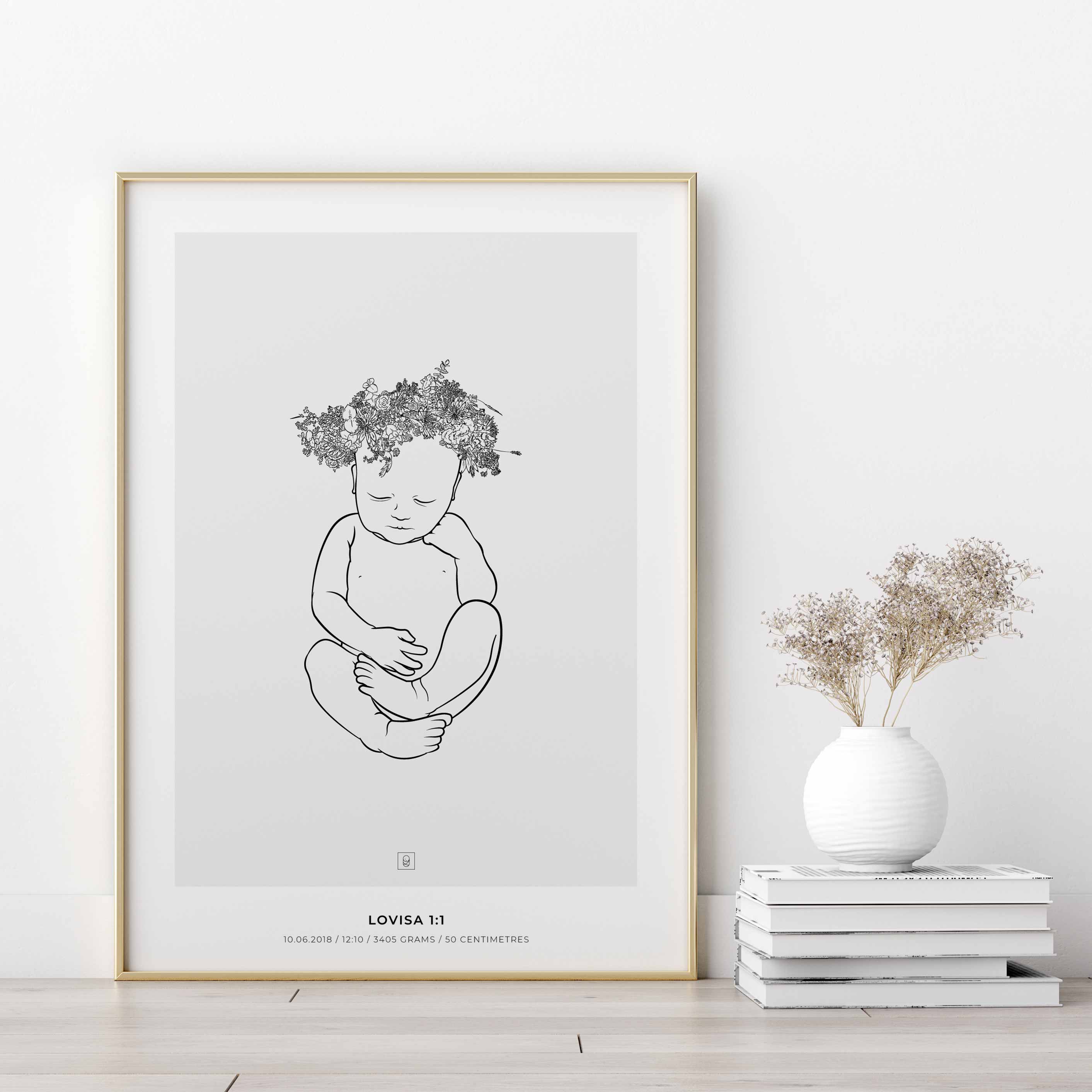 Lovisa Crown 1:1 scale birth poster with a floral wreath on the baby's head