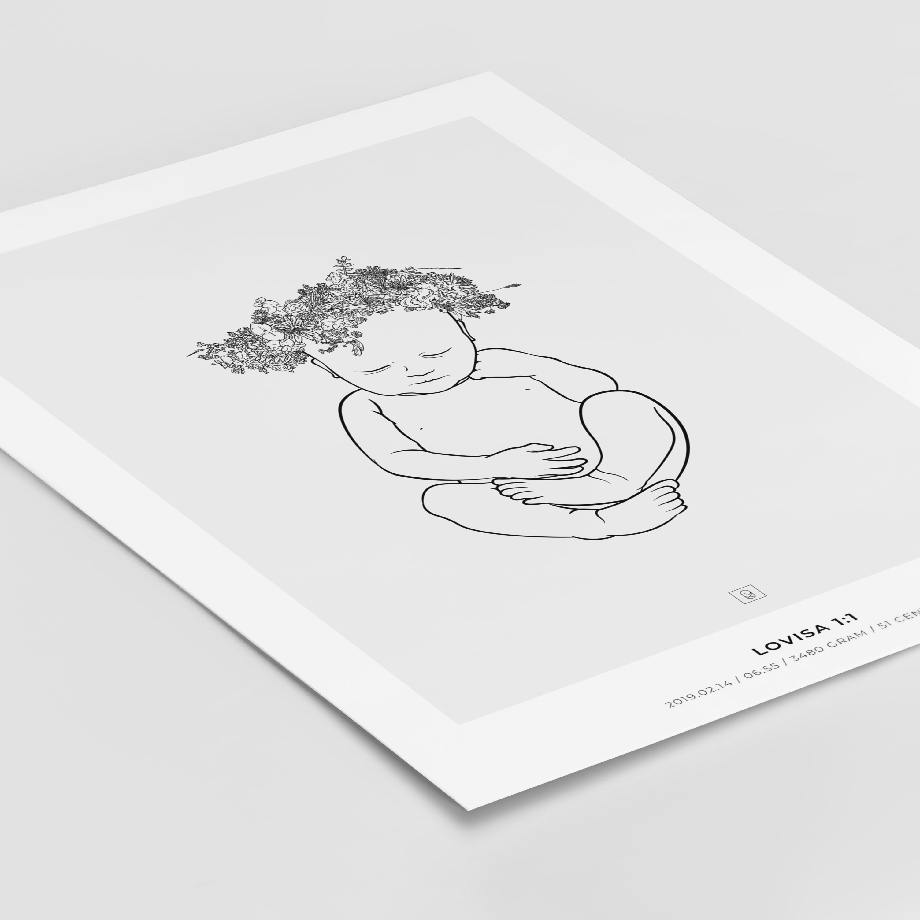 Lovisa Crown birth poster with a floral wreath on the baby's head