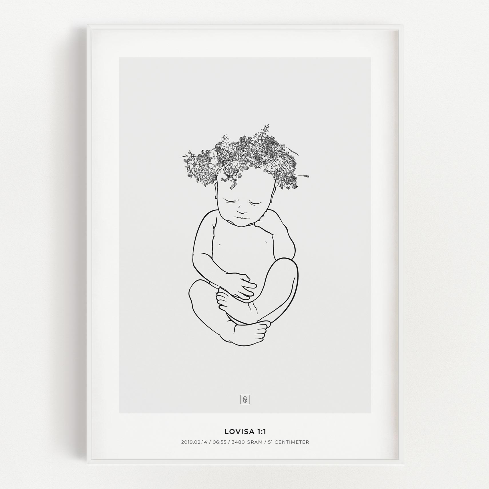 Lovisa Crown 1:1 scale birth poster with a floral wreath on the baby's head