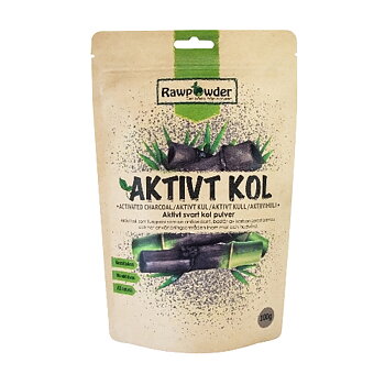 Pulver av aktivt kol på karboniserad bambu i pappersförpackning om 100 gram