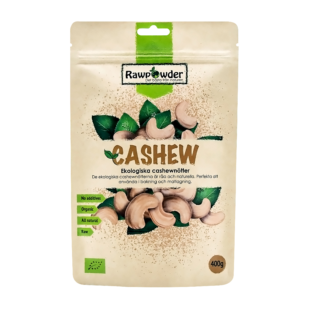 En brun stående pappförpackning med en brun text på som säger cashew