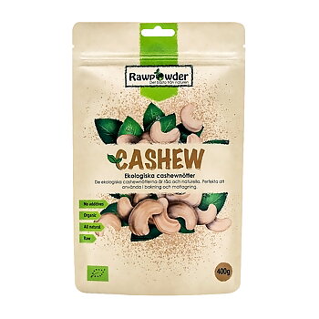 En brun stående pappförpackning med en brun text på som säger cashew