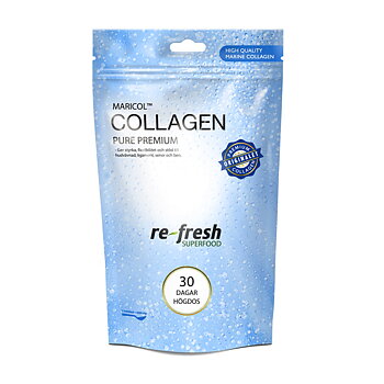 En blå stående påsliknande förpackning som det står maricol collagen pure på.