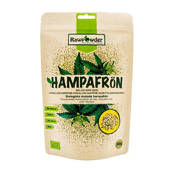 En brun stående förpackning i papper med texten hampafrön på.
