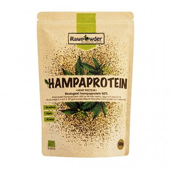 En brun stående påse med grönt tryck och en brun text som säger hampaprotein