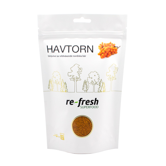 En vit påse med en bild av gula havtornsbär och texten havtorn på