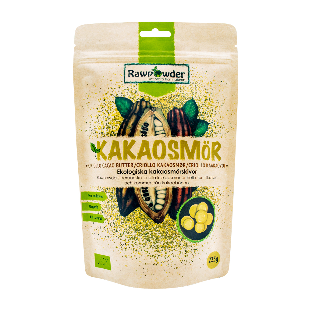 En stående brun påse som det står kakaosmör på
