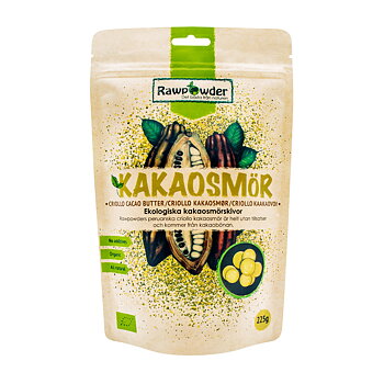 En stående brun påse som det står kakaosmör på