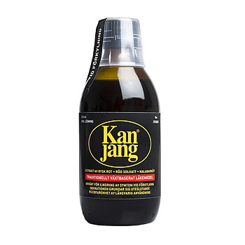 En mörk flaska med en en svart etikett med gul text. Texten säger Kan jang. Över korken sitter en medföljande doseringskopp.