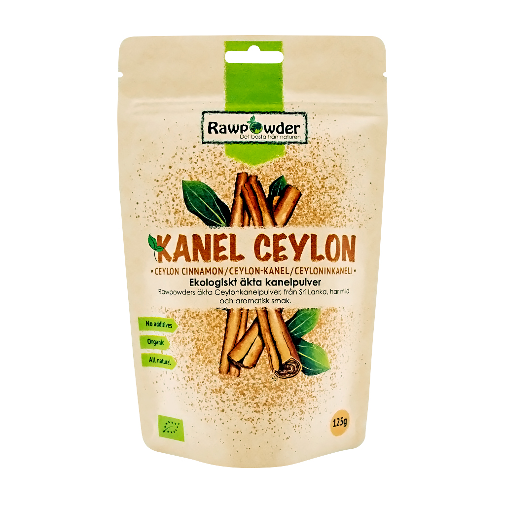 En brun påse med brun text som säger Kanel Ceylon