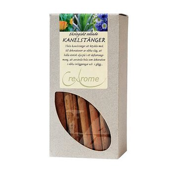 En förpackningskartong med ett fönster och texten hela kanelstång eko