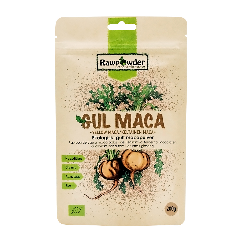 En stående brun påse med brun text på som säger Gul Maca