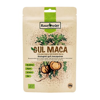 En stående brun påse med brun text på som säger Gul Maca