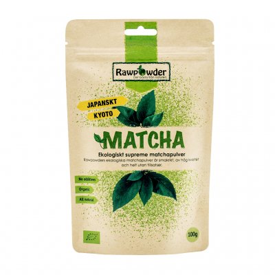 En ljusbrun stående påse med grön text som det står matcha på