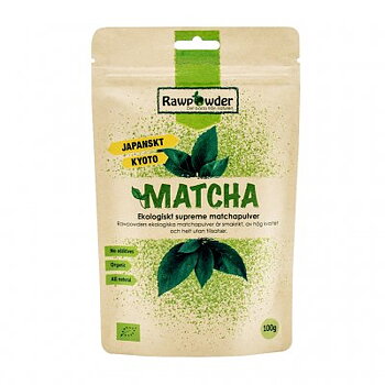En ljusbrun stående påse med grön text som det står matcha på
