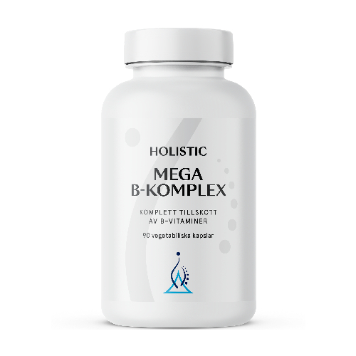 Mega B Komplex från Holistic innehåller 90 kapslar med samtliga b-vitaminer