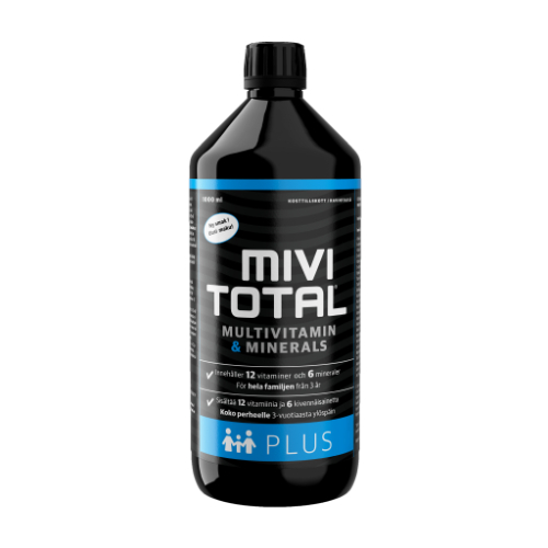 Mivitotal Plus flytande multivitamin och mineraltillskott i en svart flaska om 1000 milliliter