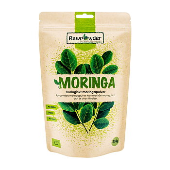 En ljusbrun stående papperspåse med grön text som säger Moringa