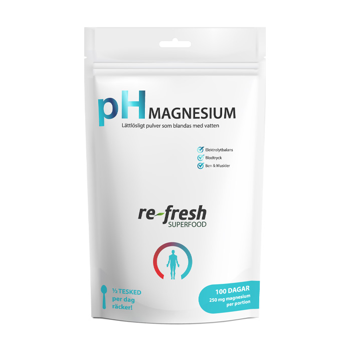 En vit stående påse med blå och svart text som det står ph magnesium med