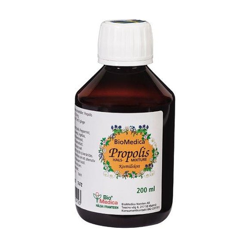 Propolis halsmixtur är ett flytande tillskott med bikittet propolis samt örterna pepparmynta, anis, eucalyptus och ingefära.