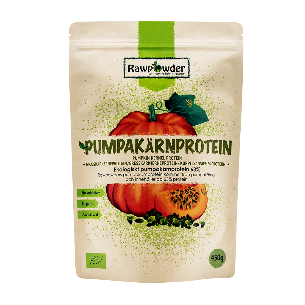 En stående brun papp-påse med text på som pumpakärnprotein