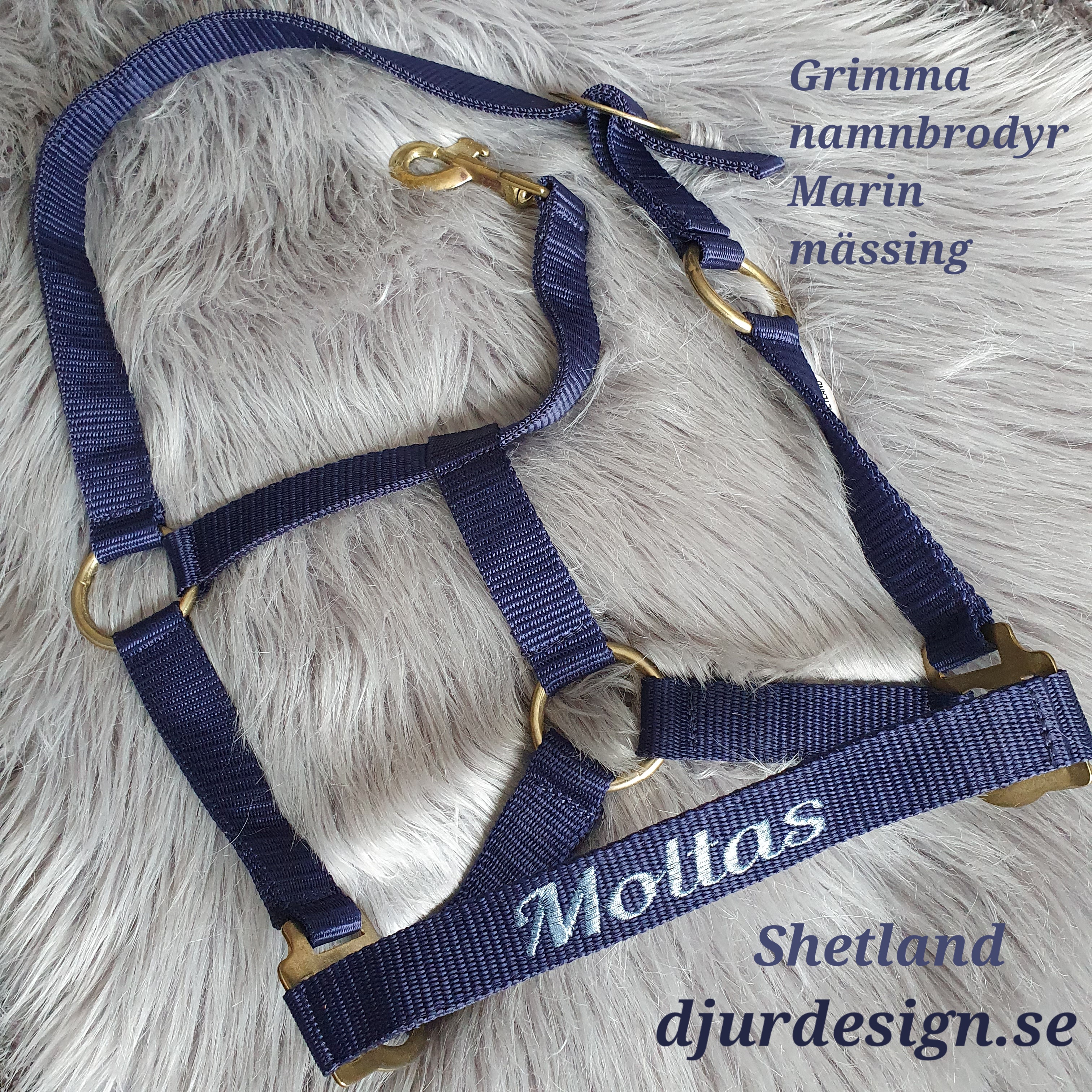 SHETLAND Marinblå mässing grimma  med namn brodyr A-B 40 cm C-D 27 cm