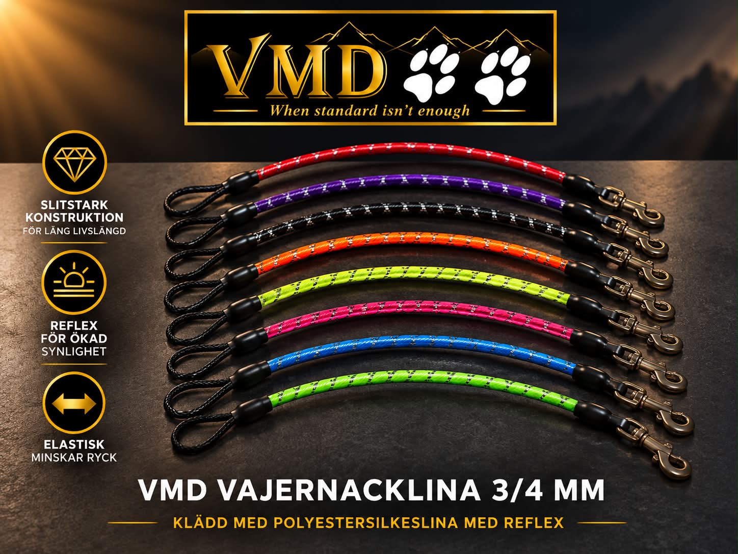 VMD vajernacklina 3/4 mm klädd med polyestersilkeslina med reflex