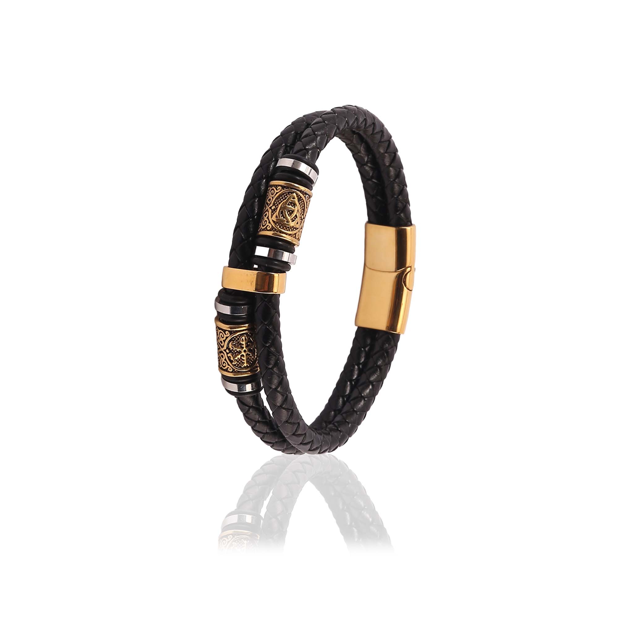 Läderarmband Runic Bead med Valknut och Vegvisir i guld – vikingasmycke för män