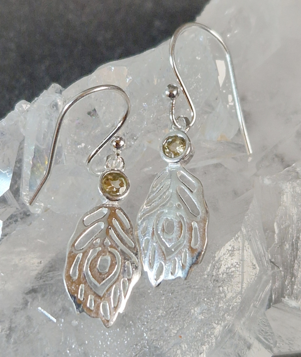 Löv Örhängen i silver med rund cabochon. - 5
