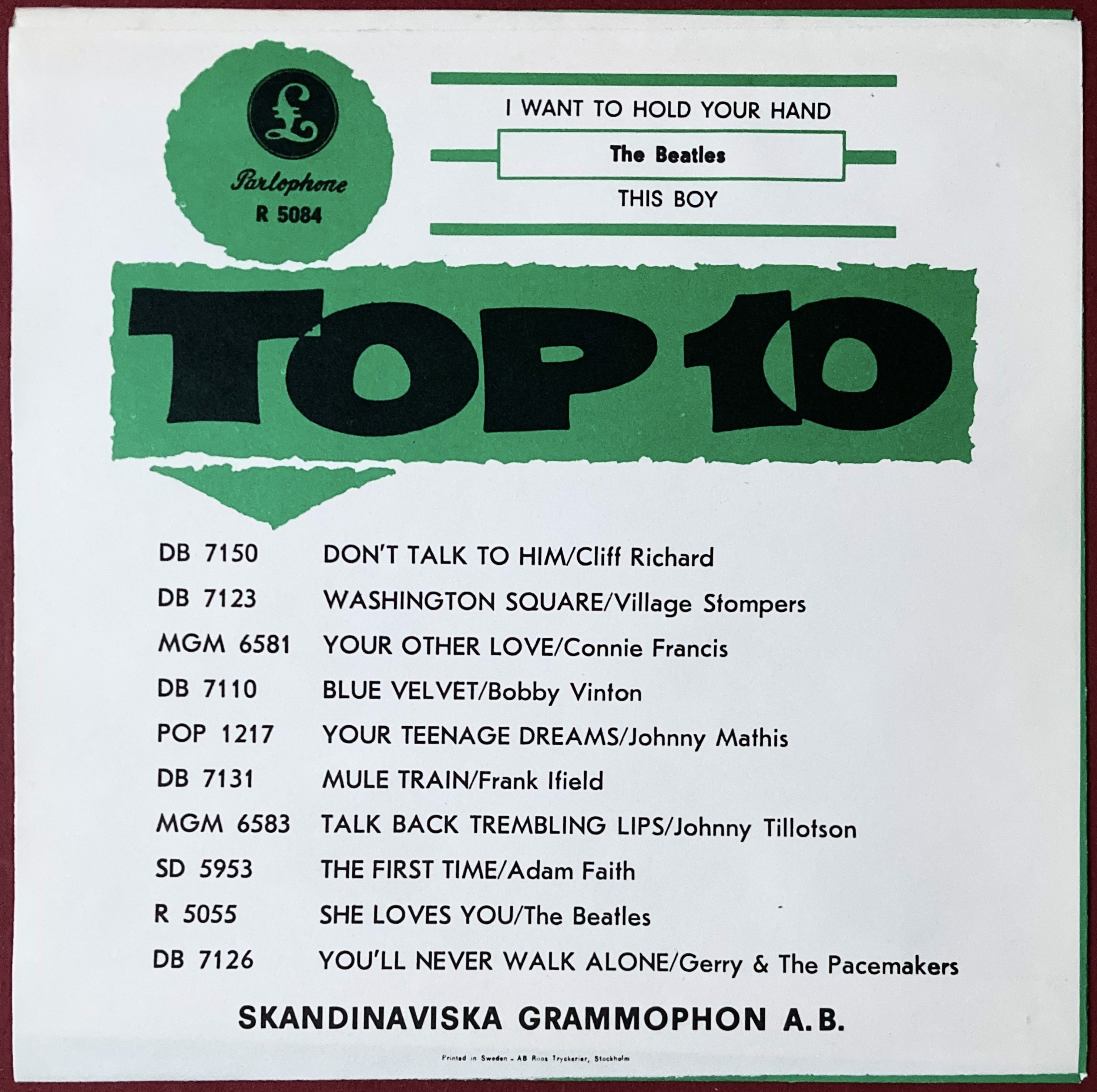 BEATLES - I want to hold your hand 7" MÖRK grön Swe PS 1963 - 2