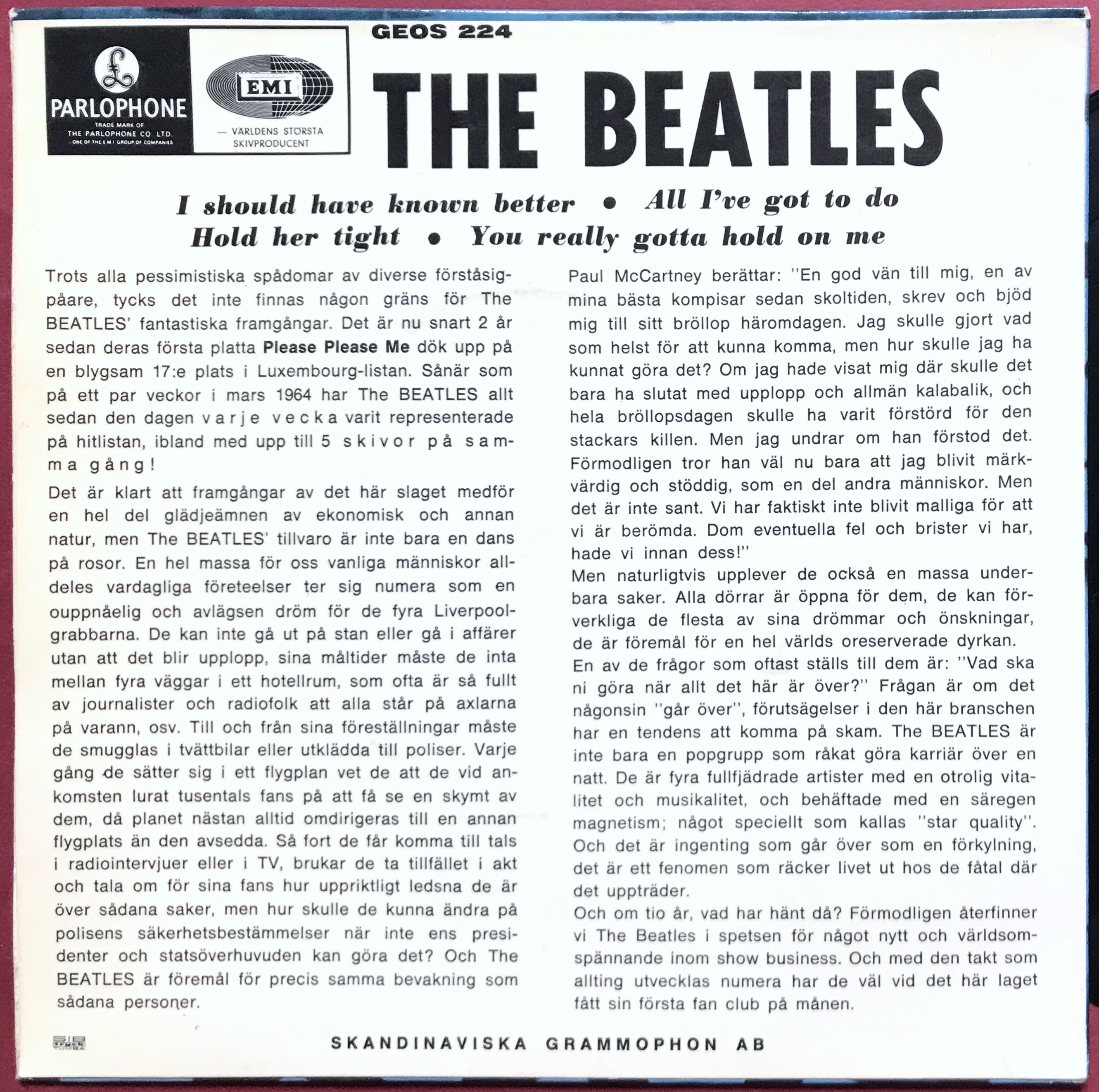 BEATLES - I should have known better + 3 Dark blue Swe EP 1964  - 2