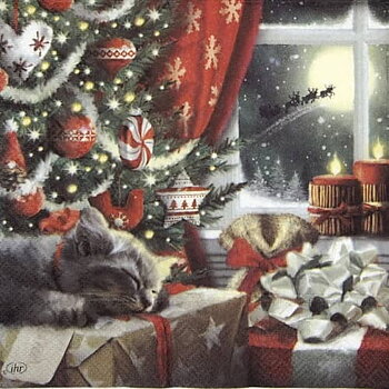 Julservetter med katt, kattservetter, 33 x 33cm