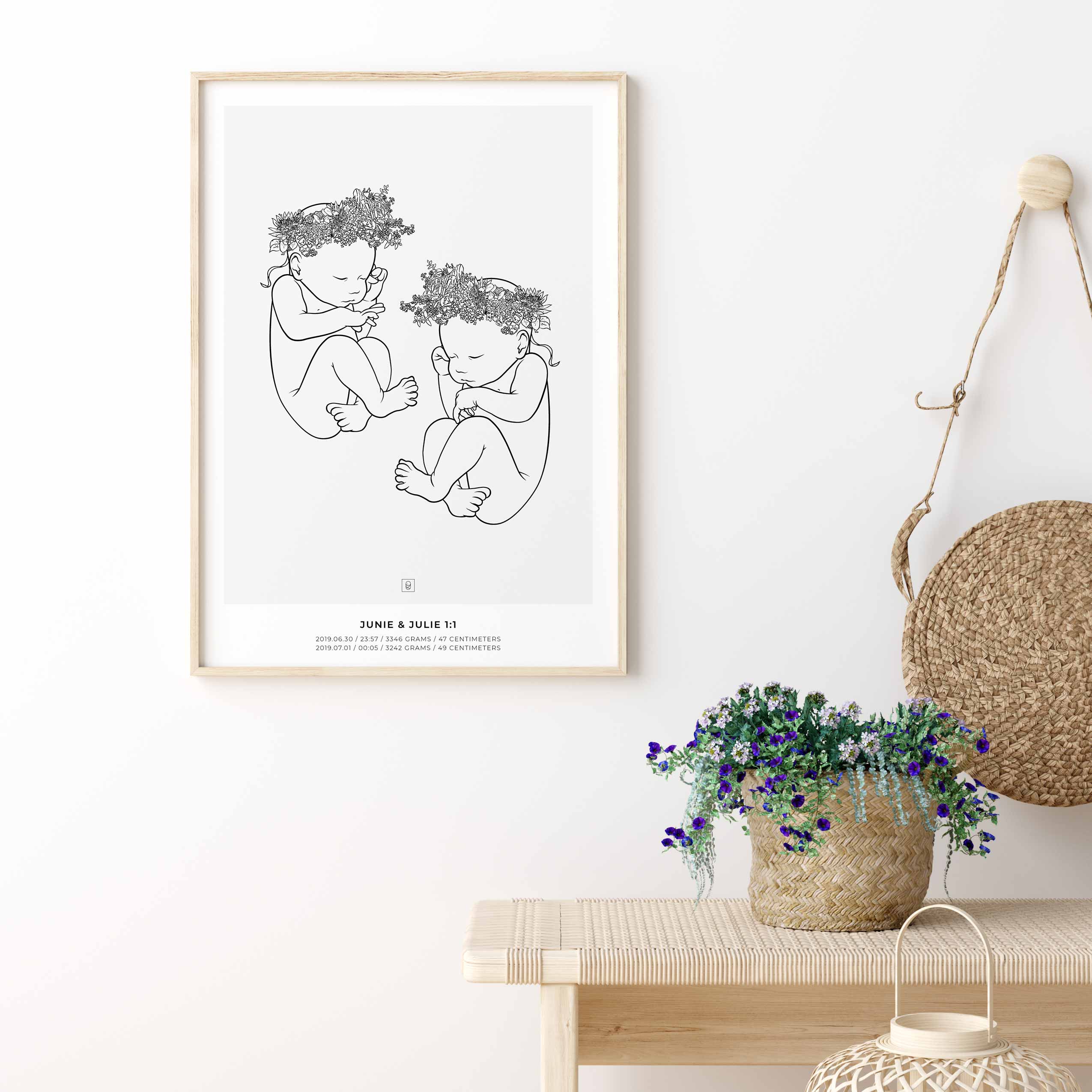 Junie & Julie Crown 1:1 scale sibling birth poster with a floral wreath on the baby's head