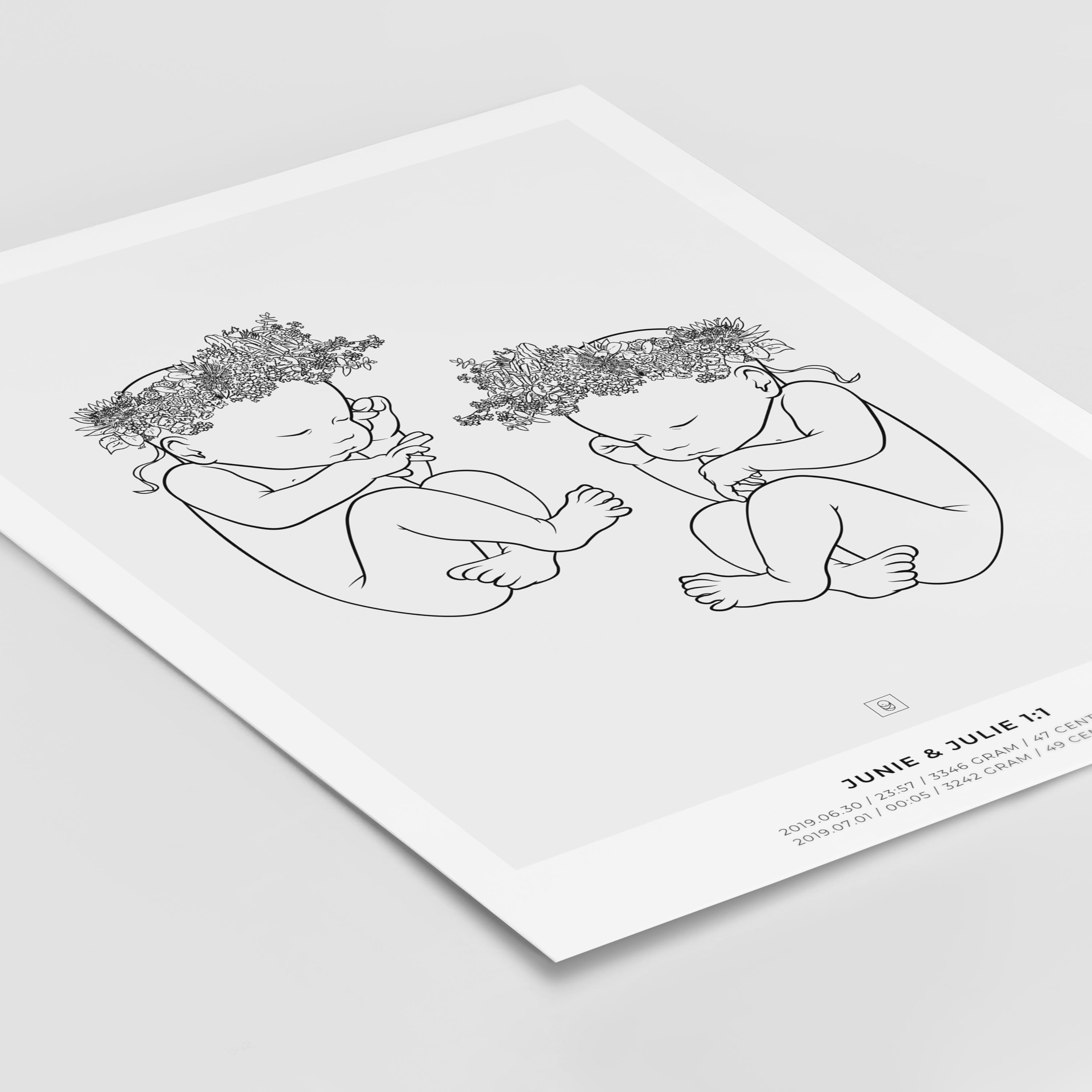 Junie & Julie Crown 1:1 scale sibling birth poster with a floral wreath on the baby's head