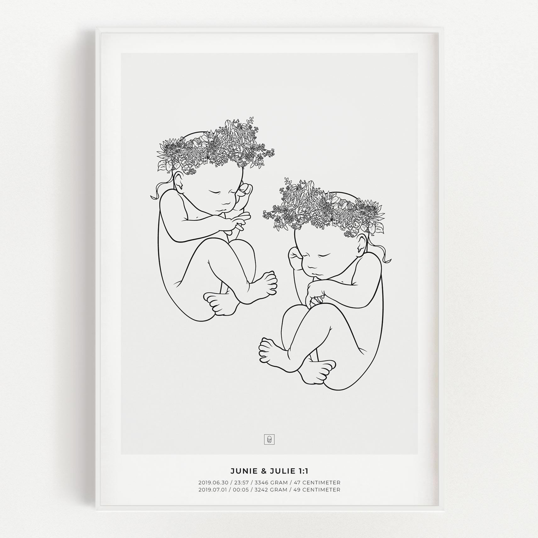 Junie & Julie Crown 1:1 scale sibling birth poster with a floral wreath on the baby's head