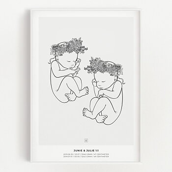 Junie & Julie Crown 1:1 scale sibling birth poster with a floral wreath on the baby's head