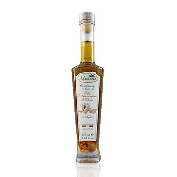 Mancino Vitlöksolivolja, 250 ml. Italiensk Extra Jungfruolivolja med vitlök från familjen Mancino i Puglia.
