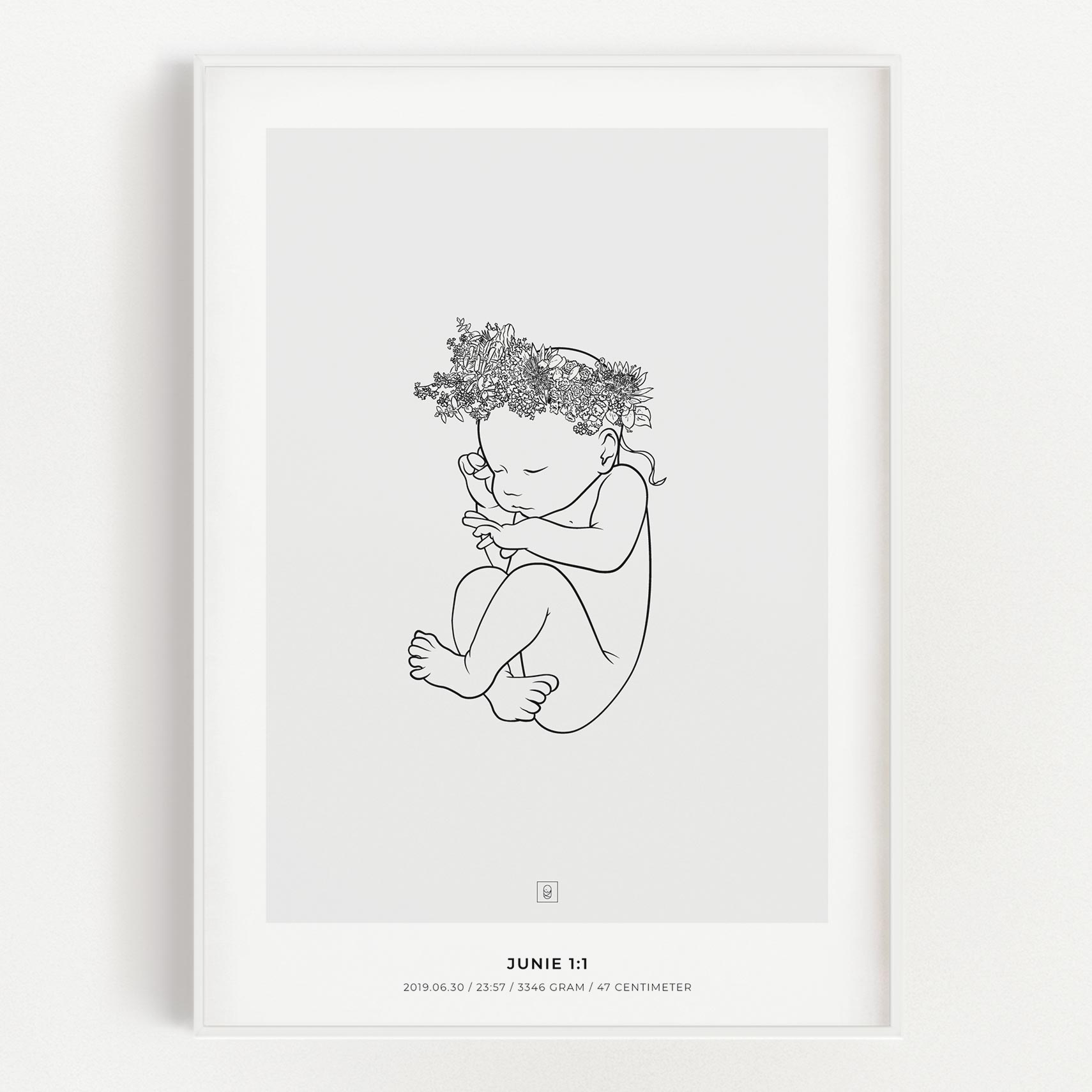 Junie Crown 1:1 scale birth poster with a floral wreath on the baby's head