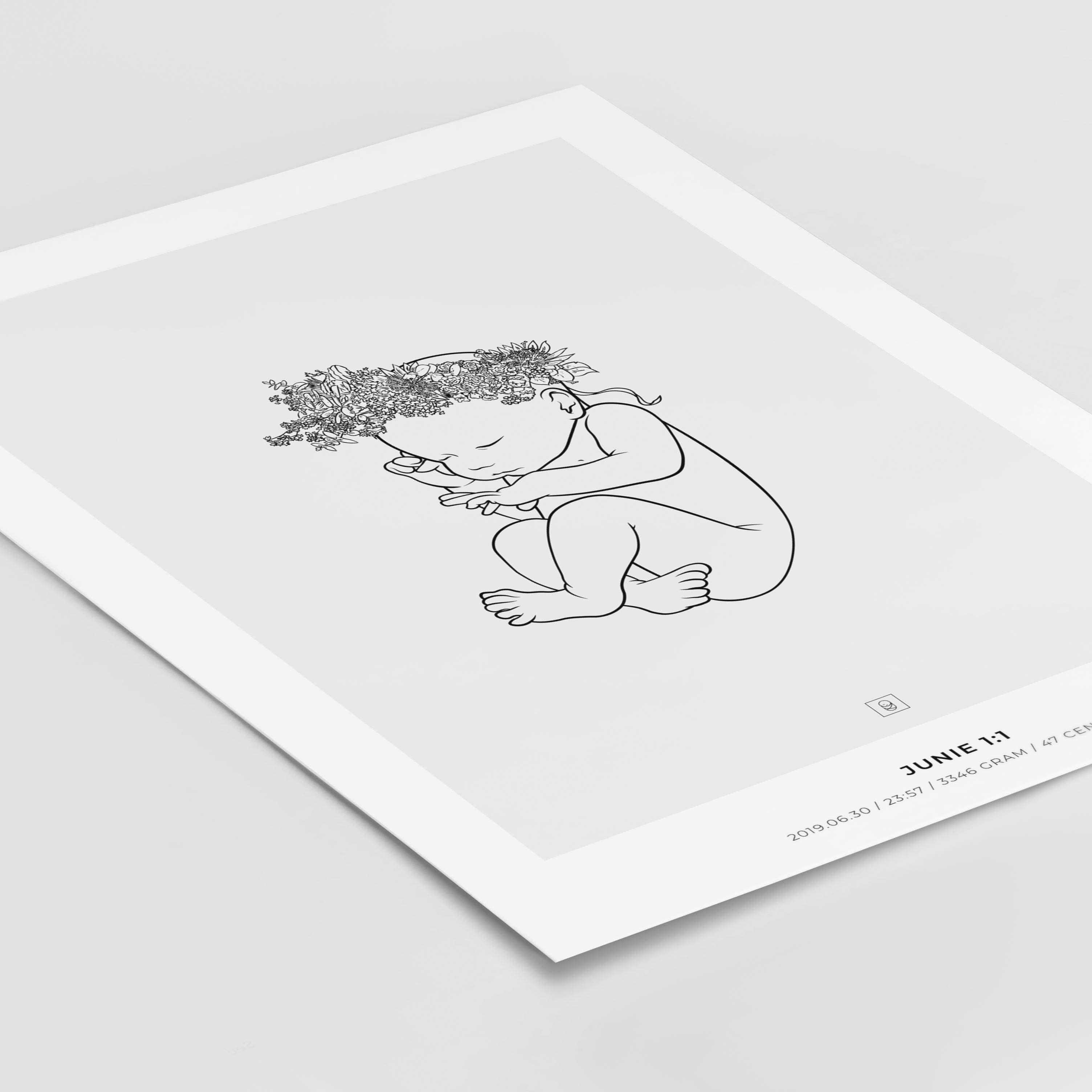 Junie Crown 1:1 scale birth poster with a floral wreath on the baby's head