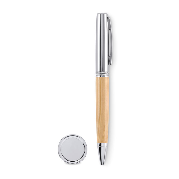 Luksus kuglepen i bambus med metalliske detaljer og etui.