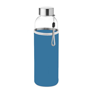 Vandflaske af glas med blåt neoprendæksel og sølvkork