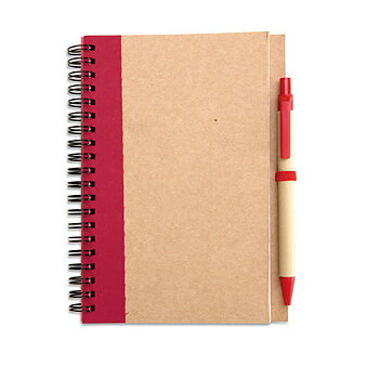 Brun og rød notesbog med spiralbinding og pen