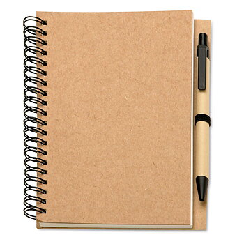 Brun notesblok med spiralbinding og pen